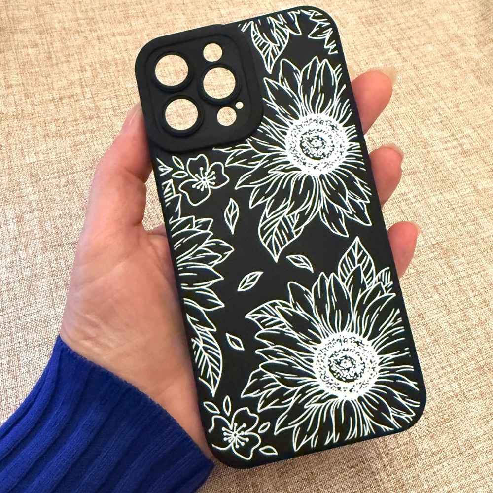 iPhone 13 Pro Slim Fit Soft Case‎ TPU Protective Cover Black and White Sunflower
